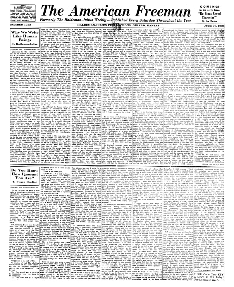 (image for) The American Freeman, Number 1752, June 29, 1929. - Click Image to Close